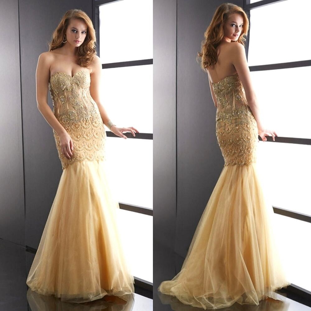 NWT Jasz Couture Golden Beige Corseted Gown, Sz 6